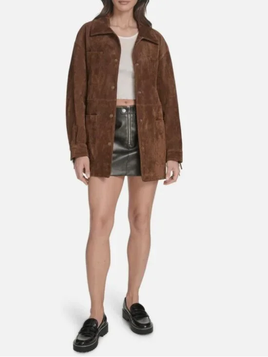 Levi’s Women’s Faux Suede Fringe Chore Coat Brown Snap Front Jacket - Picture 2 of 4